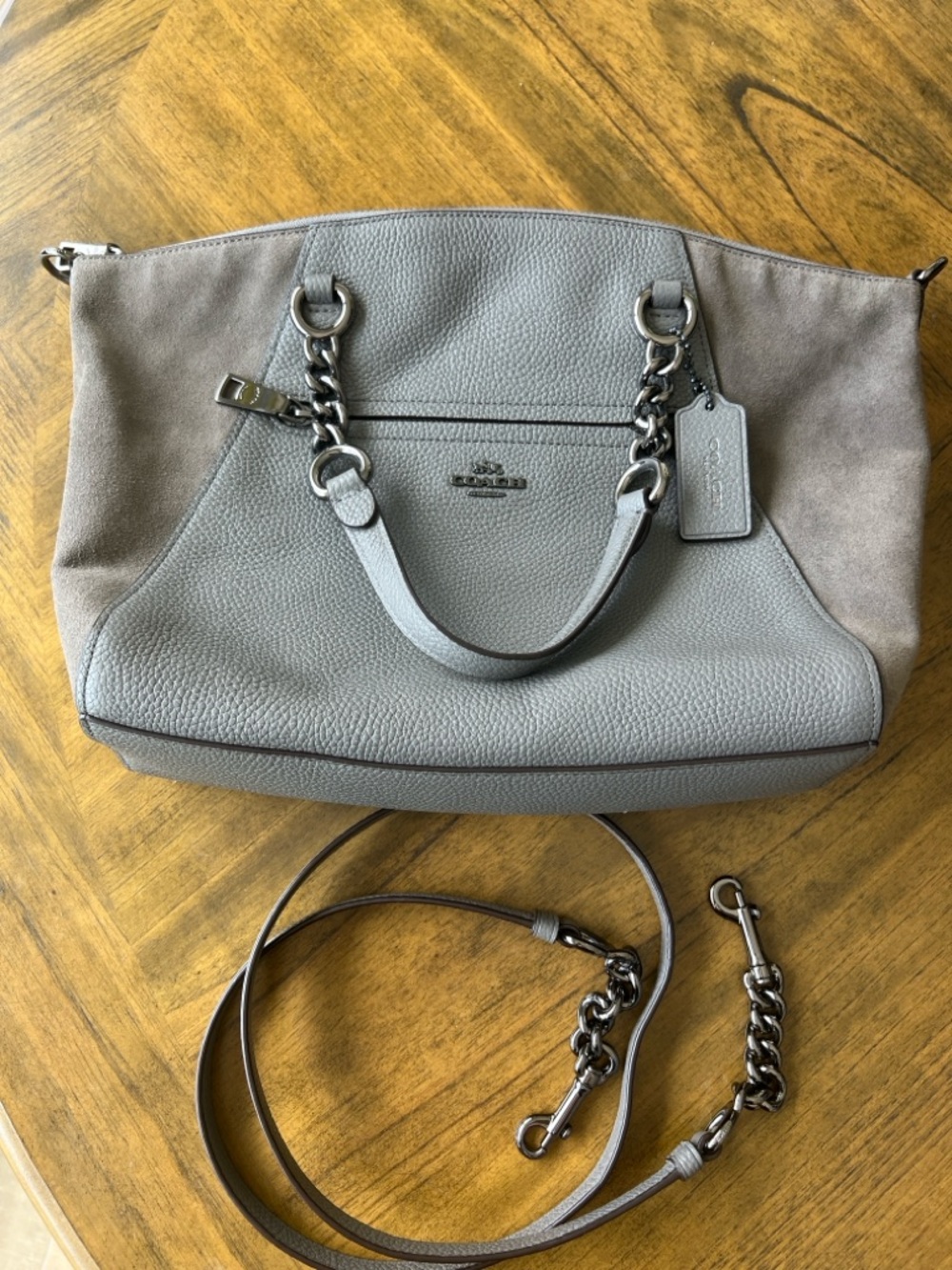 Coach -Gray Pebbled Leather Satchel with Suede and Chain Detail - Picture 12 of 17